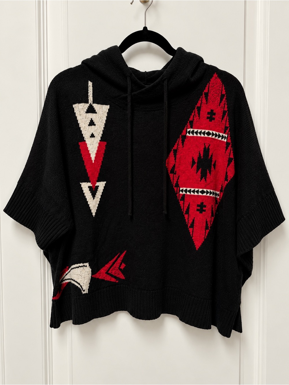 Ralph Lauren Black & Red Geometric Hooded Oversized Knit Poncho Sweater.